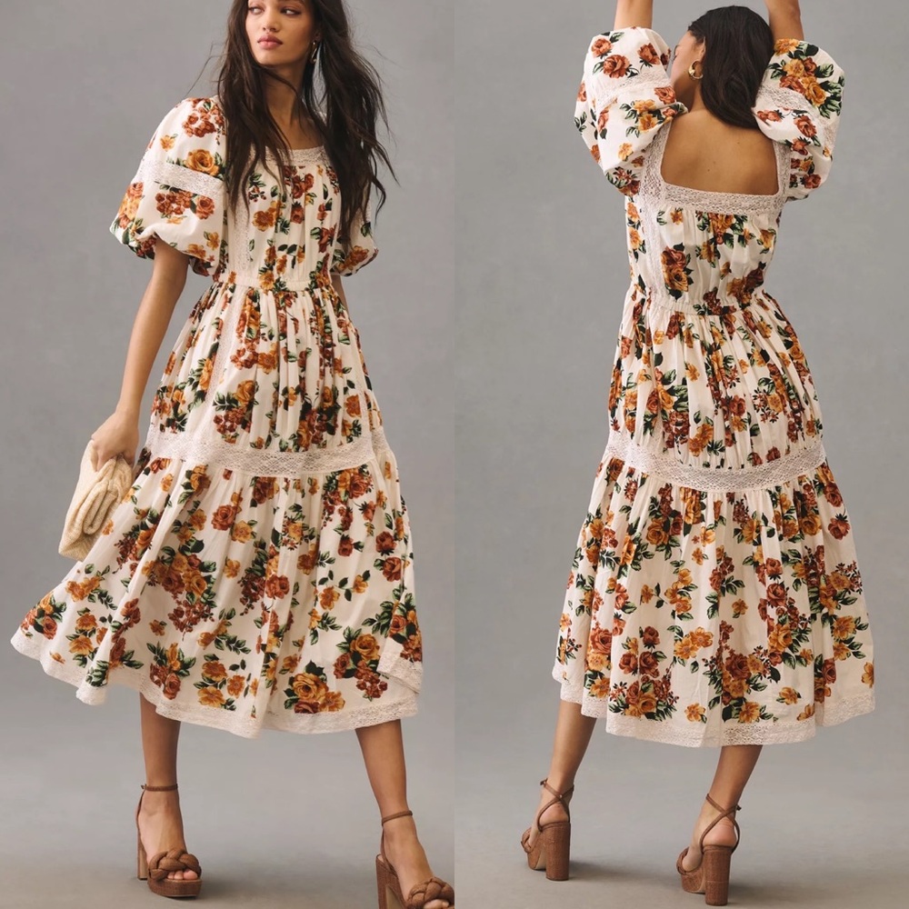 Anthropologie MILLE Tiered Square-Neck Dress Antique Rose Size XL